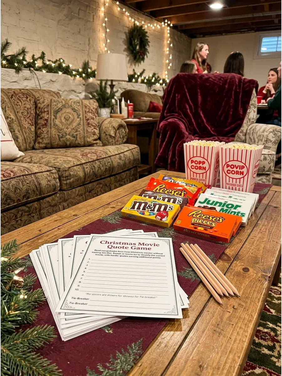Scorecards and pencils for a Christmas movie quote game.