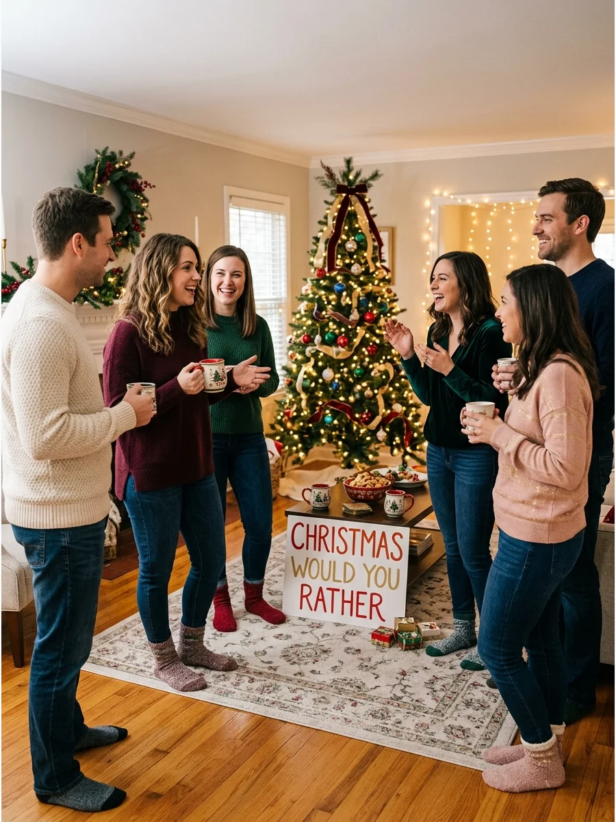 Friends moving to different sides of a room for a voting game.
