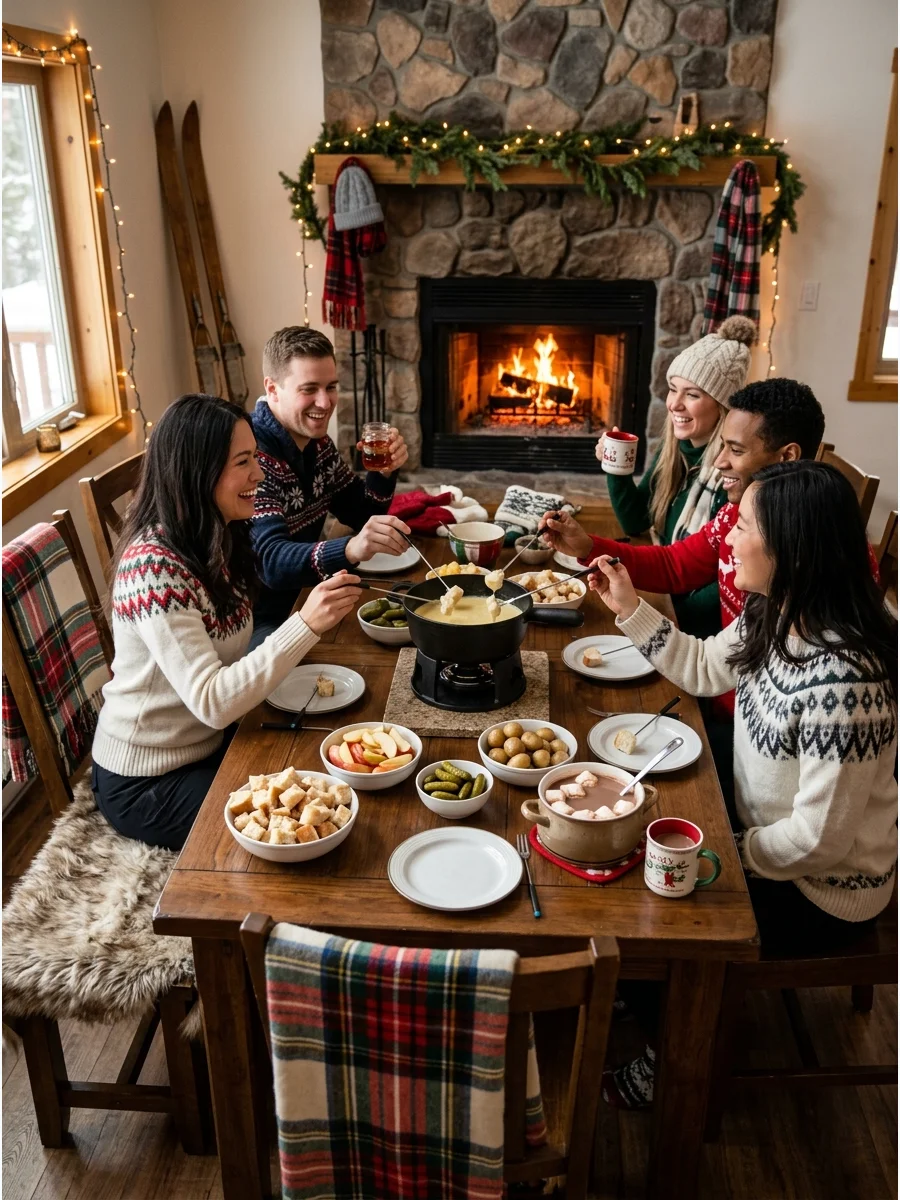 A cozy cabin interior with ski-lodge decor and a cheese fondue setup.