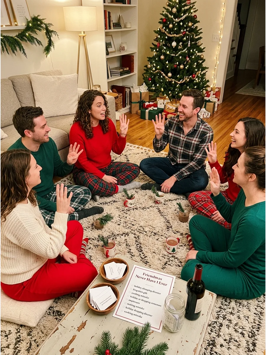 Friends sitting in a circle playing a festive game.