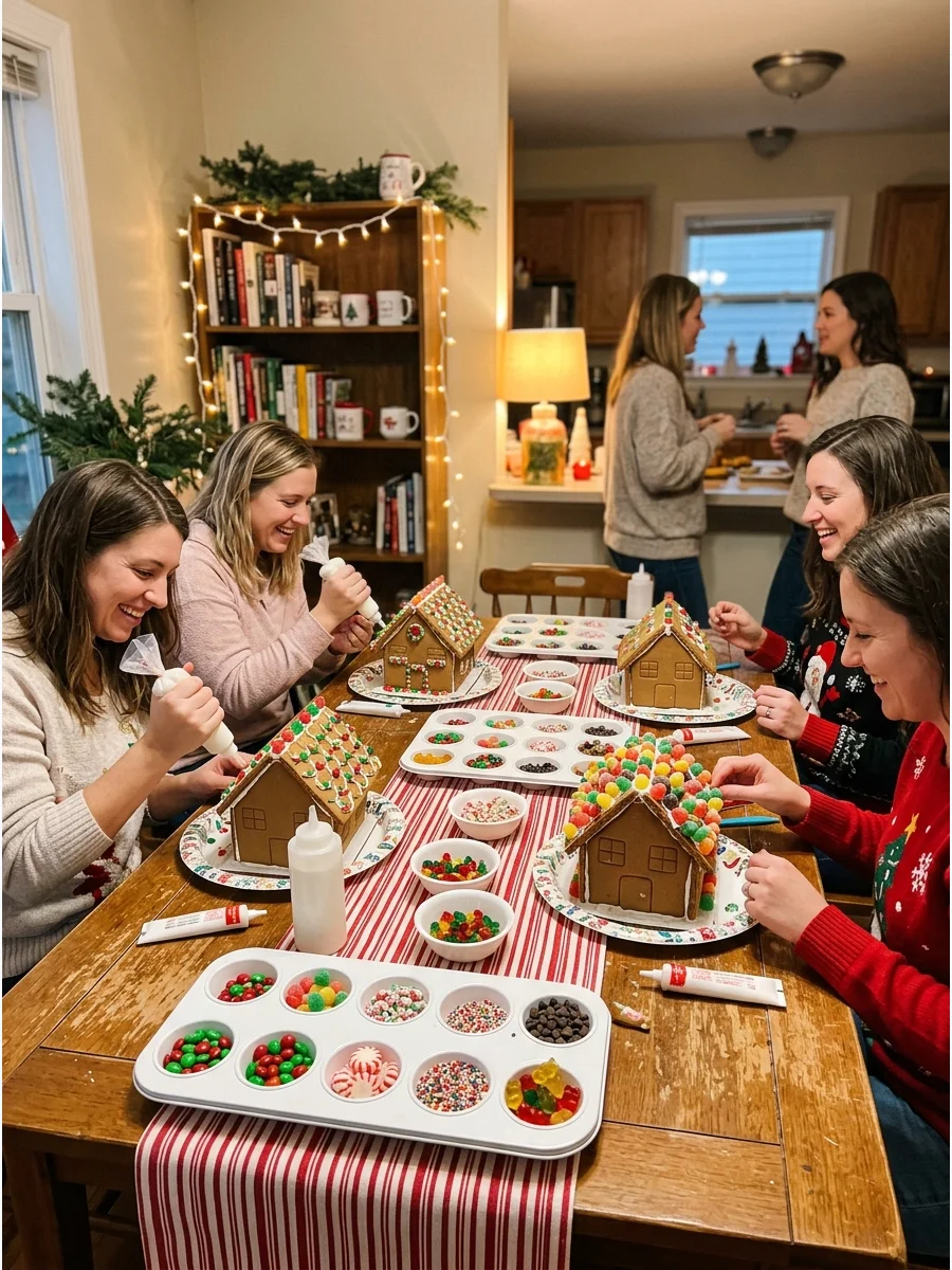 Gingerbread houses on a dining table with bowls of candy.