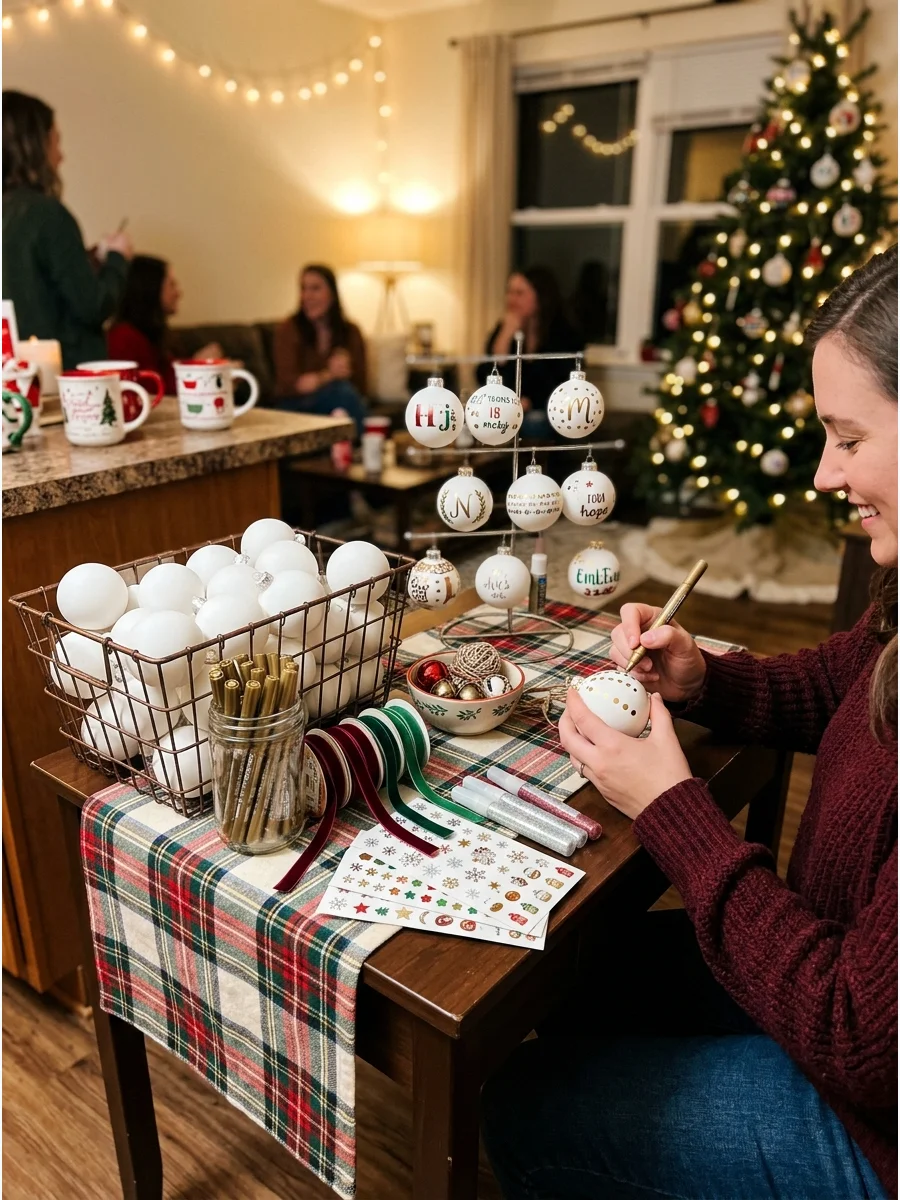 White ornaments and gold paint pens on a small table.