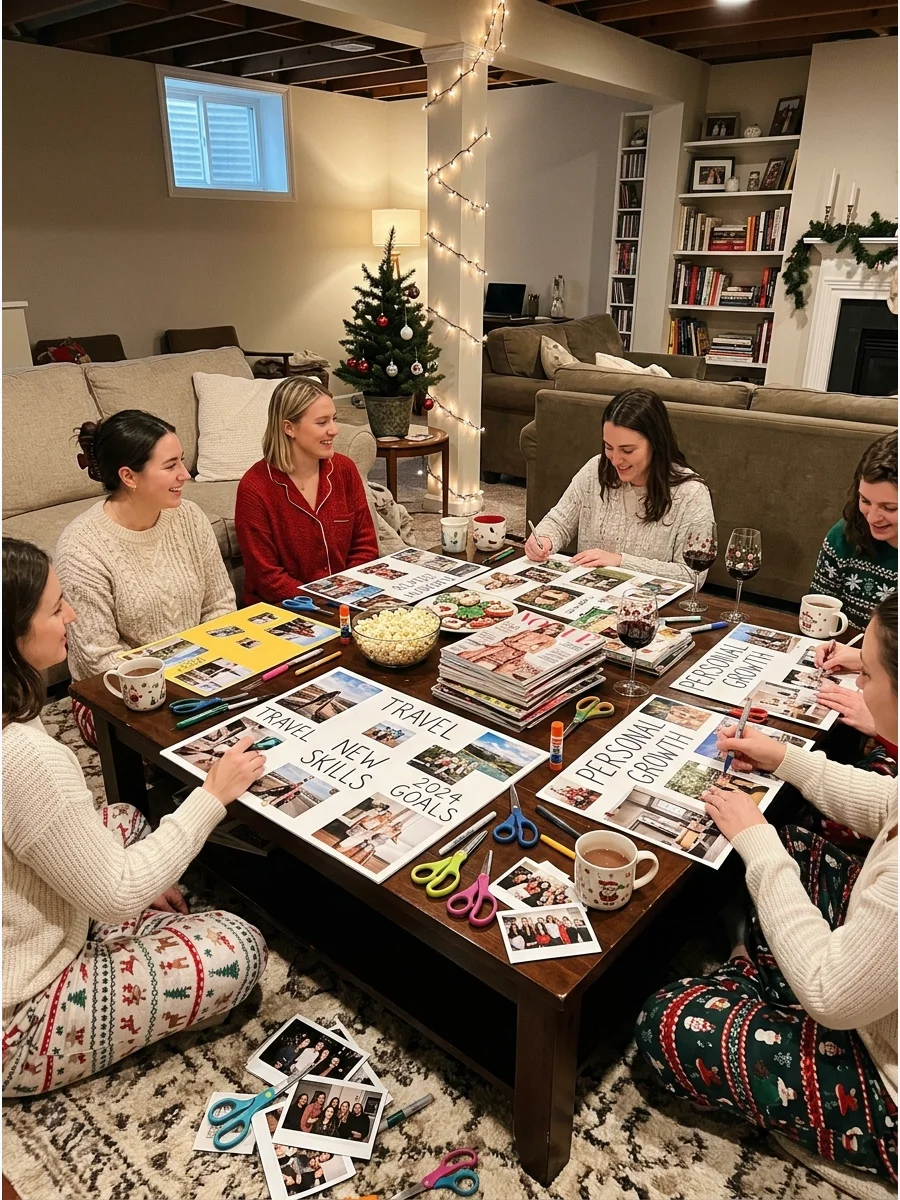 Friends making vision boards on a coffee table in a lounge.