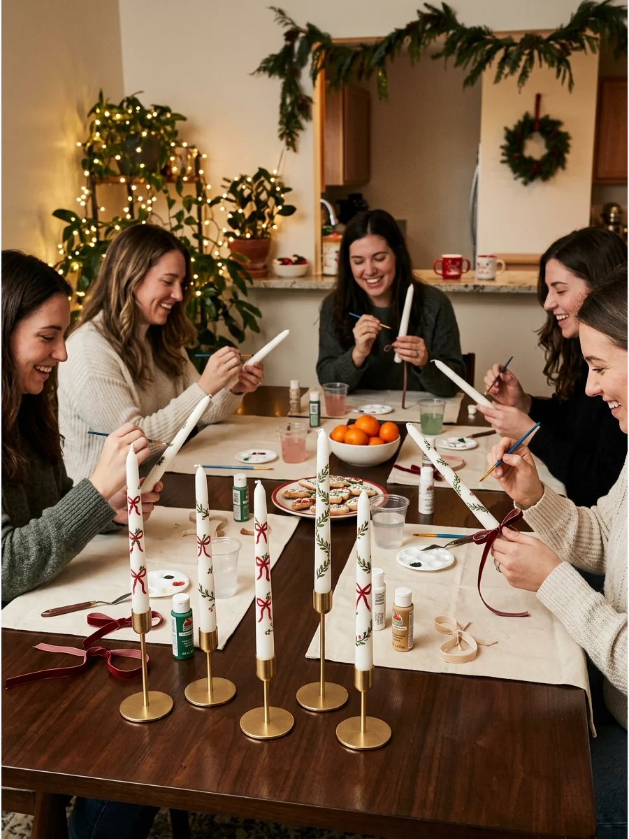 Hand-painted taper candles with red bows in gold holders.