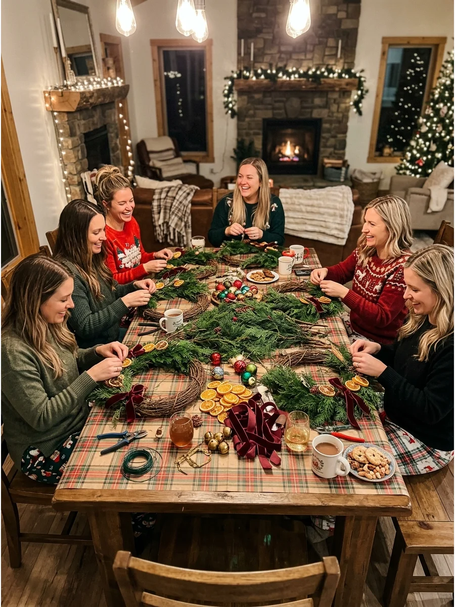Wreath making supplies on a rustic wooden table.