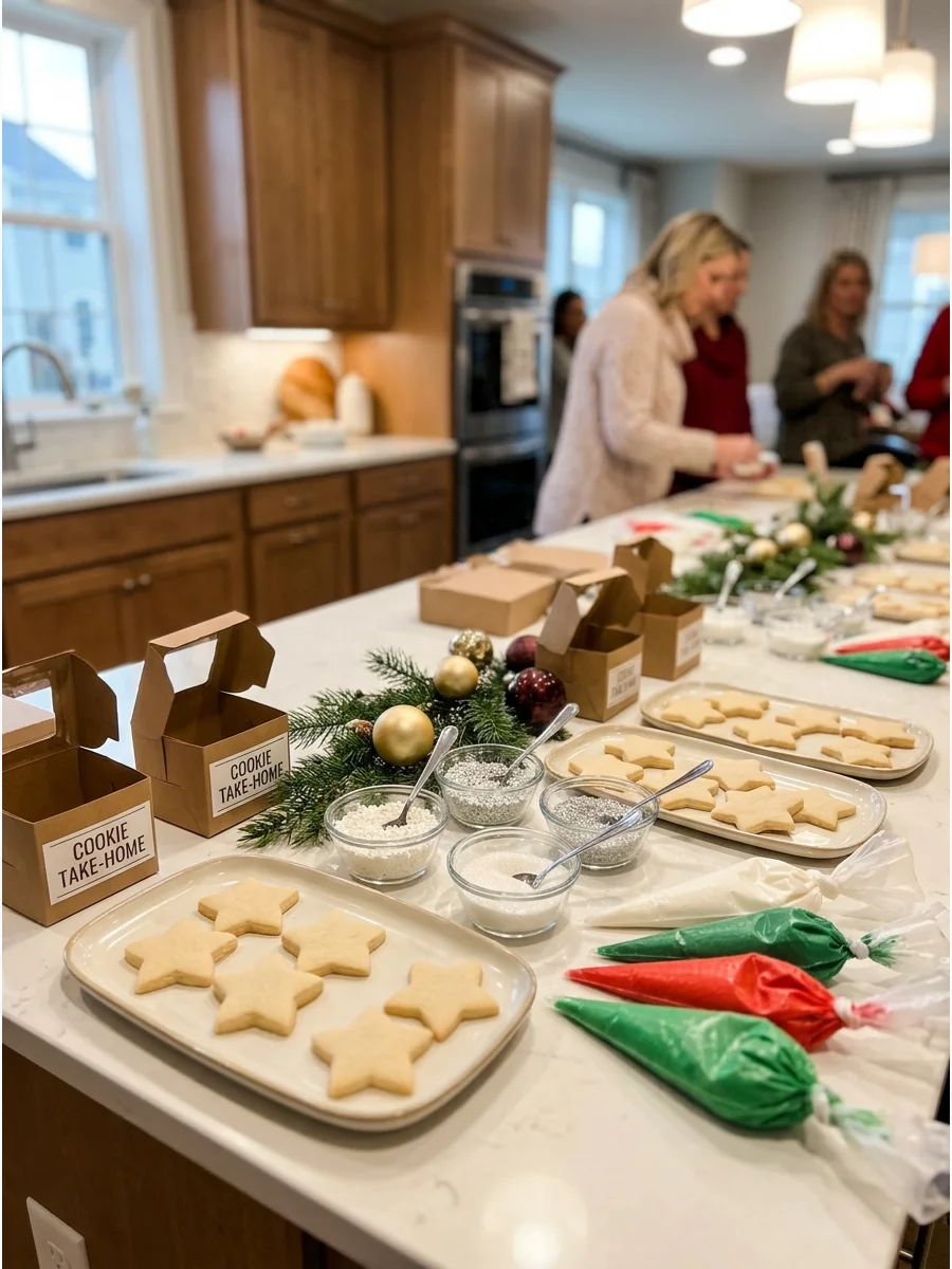 Star-shaped cookies and silver sprinkles on a kitchen island.