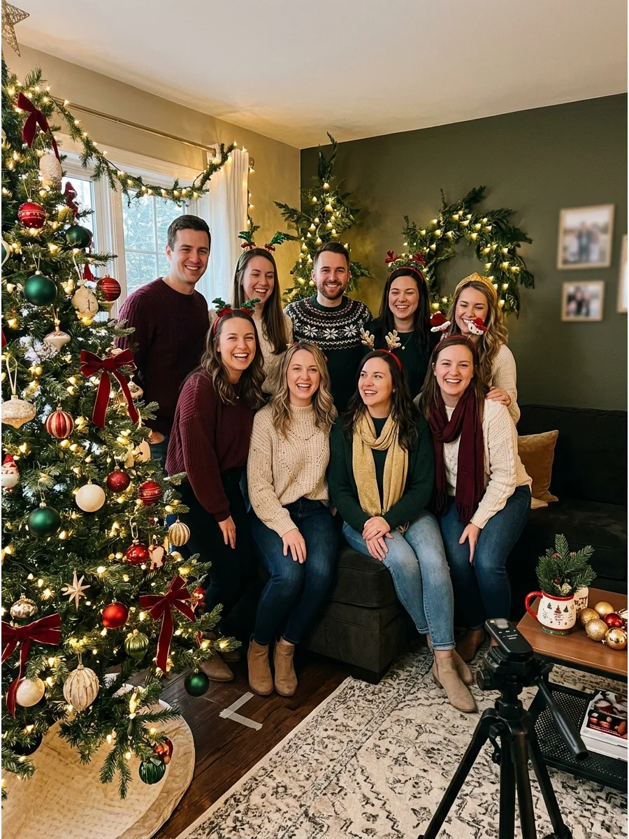 A group of friends posing together by a Christmas tree.