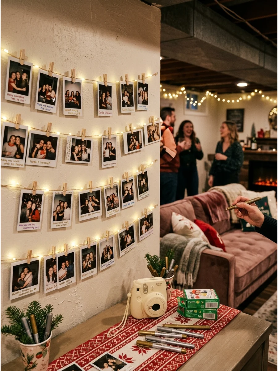 Fairy lights holding instant photos on a basement wall.