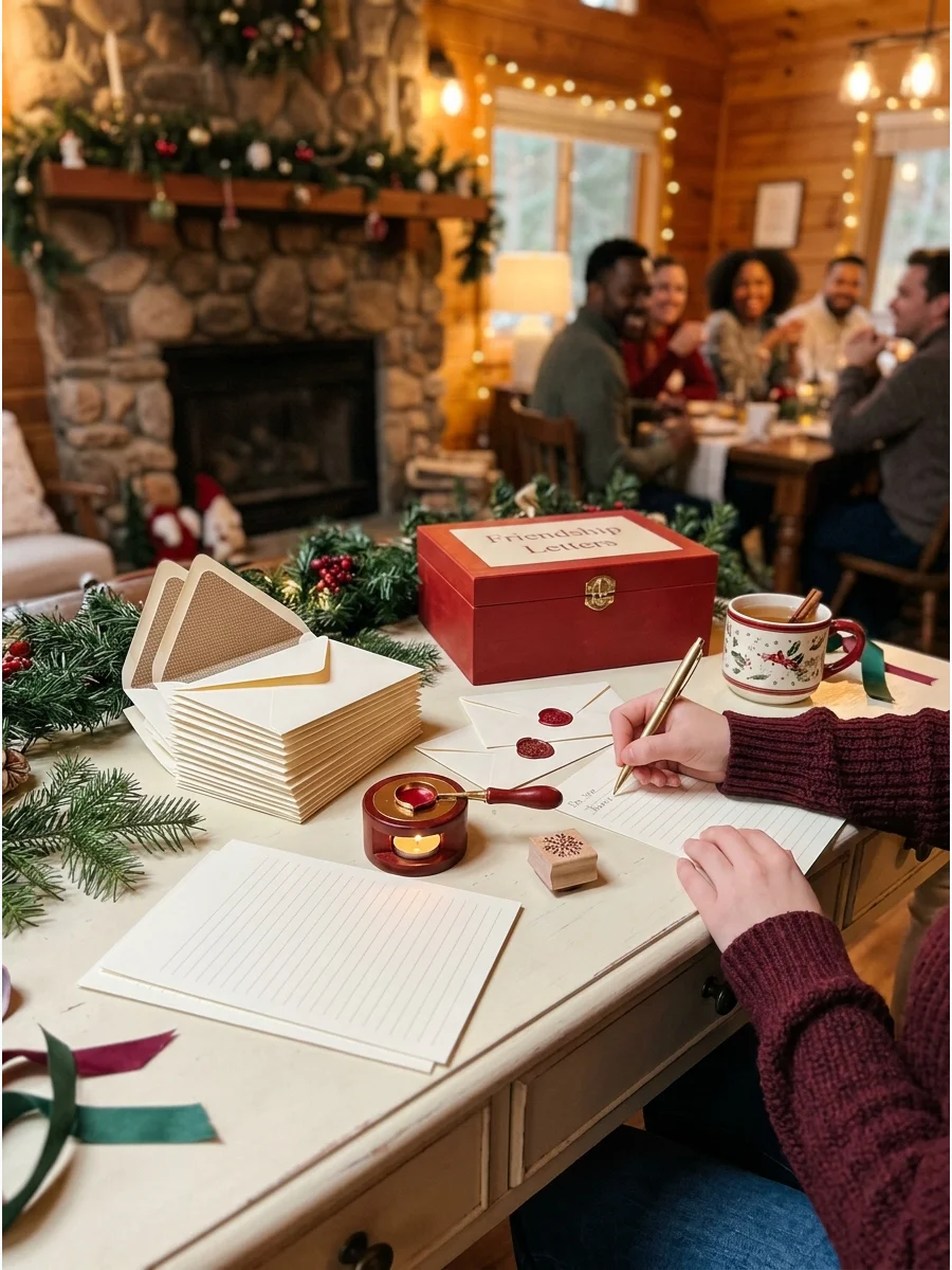 Envelopes and a wax seal kit on a wooden desk.