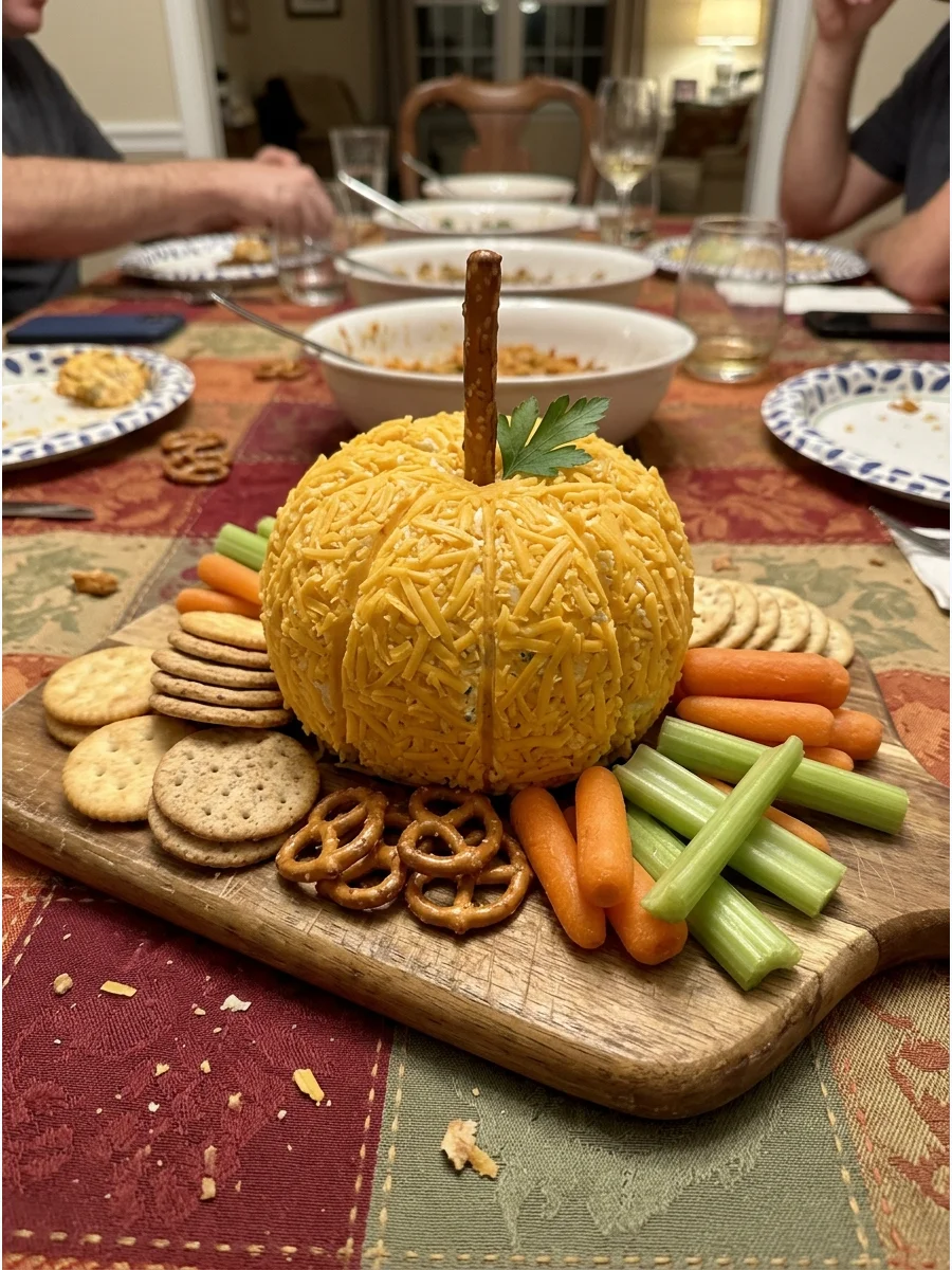 Pumpkin-Shaped Cheese Ball. Shape a cheddar cheese ball into a pumpkin and use a pretzel stick as the stem. Serve it with crackers, pretzels, and fresh vegetables. Friendsgiving fo