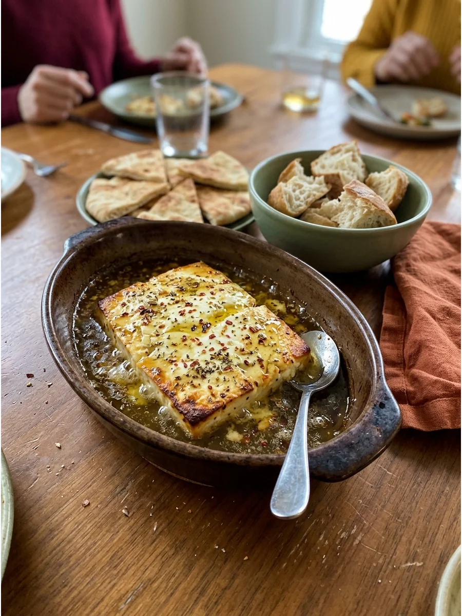 Hot Honey Baked Feta. Bake a block of feta with honey, red pepper flakes, herbs, and olive oil. Serve it warm with toasted pita or slices of crusty bread. Friendsgiving food ideas