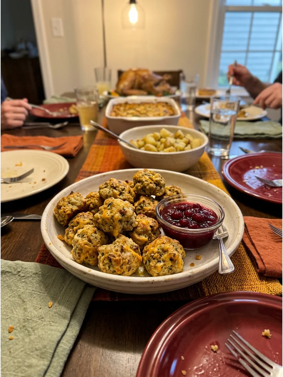 Stuffing Sausage Balls. Combine prepared stuffing mix with sausage, cheese, and herbs, then bake the mixture into bite-sized balls. Serve them with cranberry dipping sauce. Friends