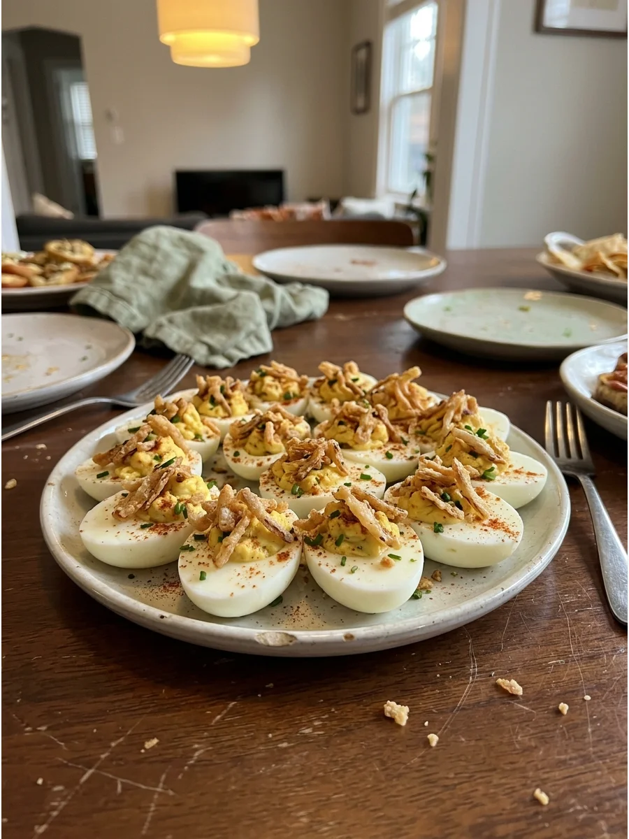 Deviled Eggs with Crispy Onions. Prepare classic deviled eggs and top each one with crispy fried onions and chives. A little smoked paprika adds color and extra flavor. Friendsgivi