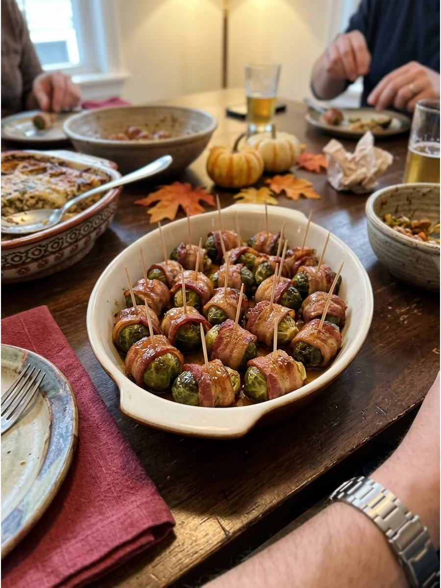 Maple Bacon-Wrapped Brussels Sprouts. Wrap Brussels sprouts in small strips of bacon and brush them with maple syrup before roasting. Serve them with toothpicks as a sweet-and-savo