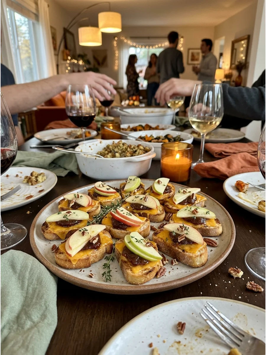 Apple Butter and Cheddar Crostini. Top toasted bread with sharp cheddar, apple butter, and thin apple slices. Finish each piece with fresh thyme or a sprinkle of chopped pecans. Fr