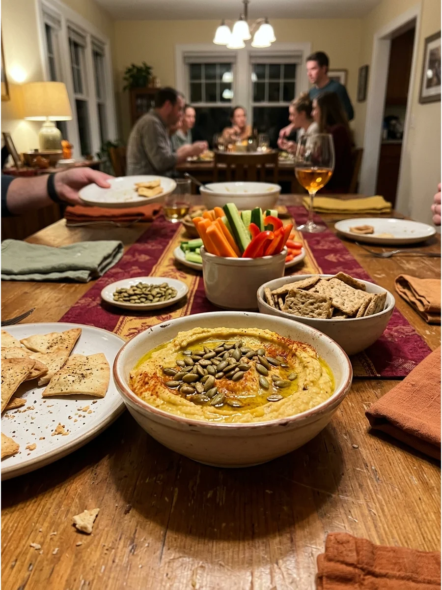 Roasted Butternut Squash Hummus. Blend roasted butternut squash with chickpeas, tahini, garlic, and warm spices. Serve the dip with pita chips, crackers, and sliced vegetables. Fri