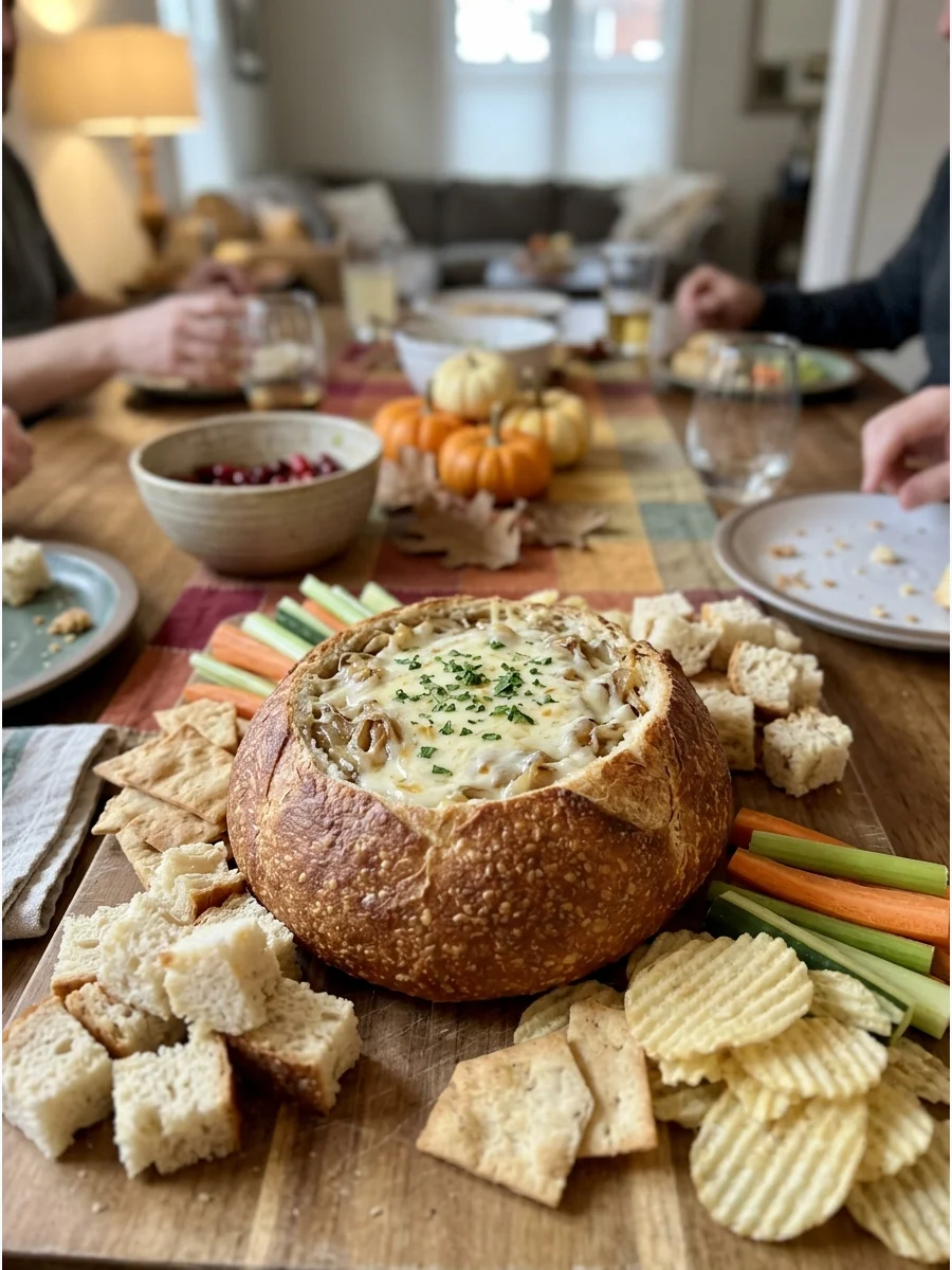 French Onion Dip Bread Bowl. Fill a hollowed bread loaf with creamy French onion dip. Surround it with bread cubes, chips, and vegetables for easy sharing. Friendsgiving Main Dish
