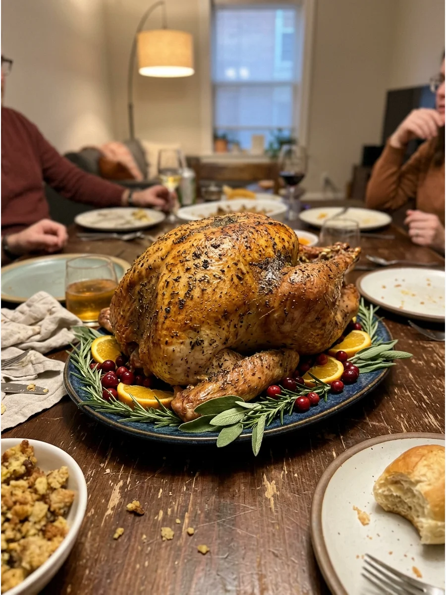 Herb Butter Roasted Turkey. Cover a whole turkey with herb butter before roasting it until golden. Garnish the serving platter with oranges, cranberries, rosemary, and fresh herbs.
