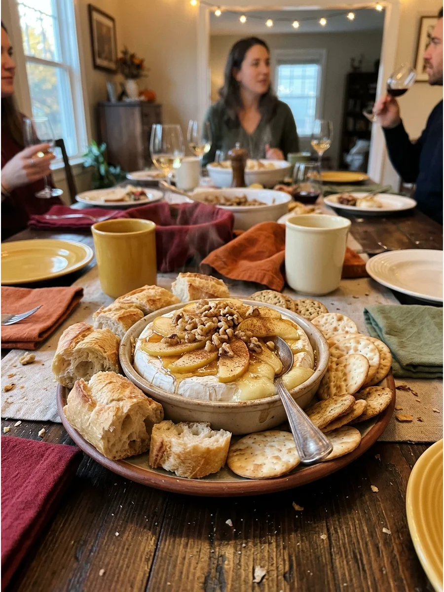 Baked Brie with Apples and Honey. Bake a wheel of Brie until soft, then top it with sliced apples, honey, walnuts, and cinnamon. Serve it warm with crackers or toasted baguette sli