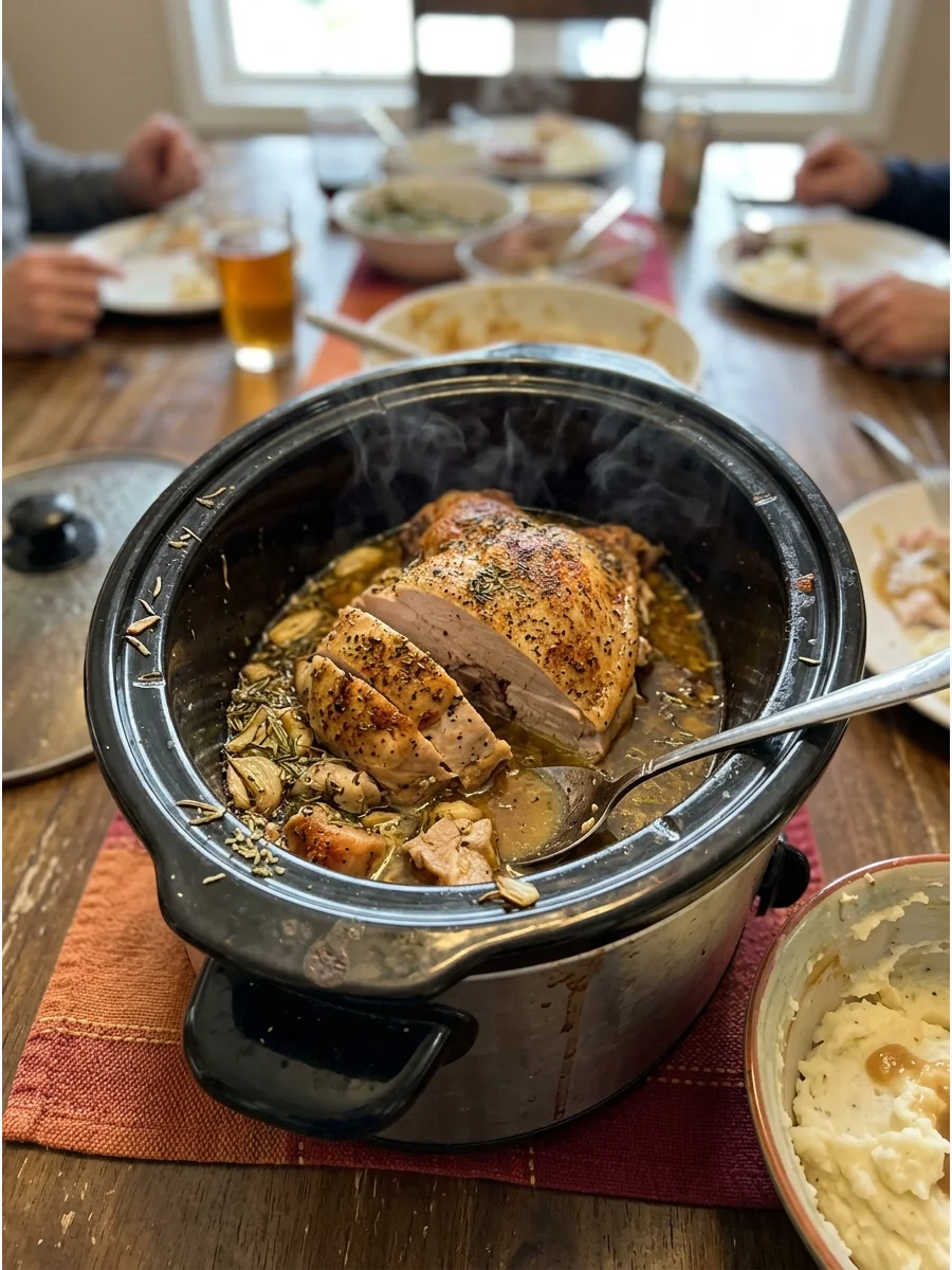 Slow Cooker Turkey Breast. Cook a seasoned turkey breast in the slow cooker for a smaller, low-stress Friendsgiving dinner. It stays tender while leaving valuable oven space availa