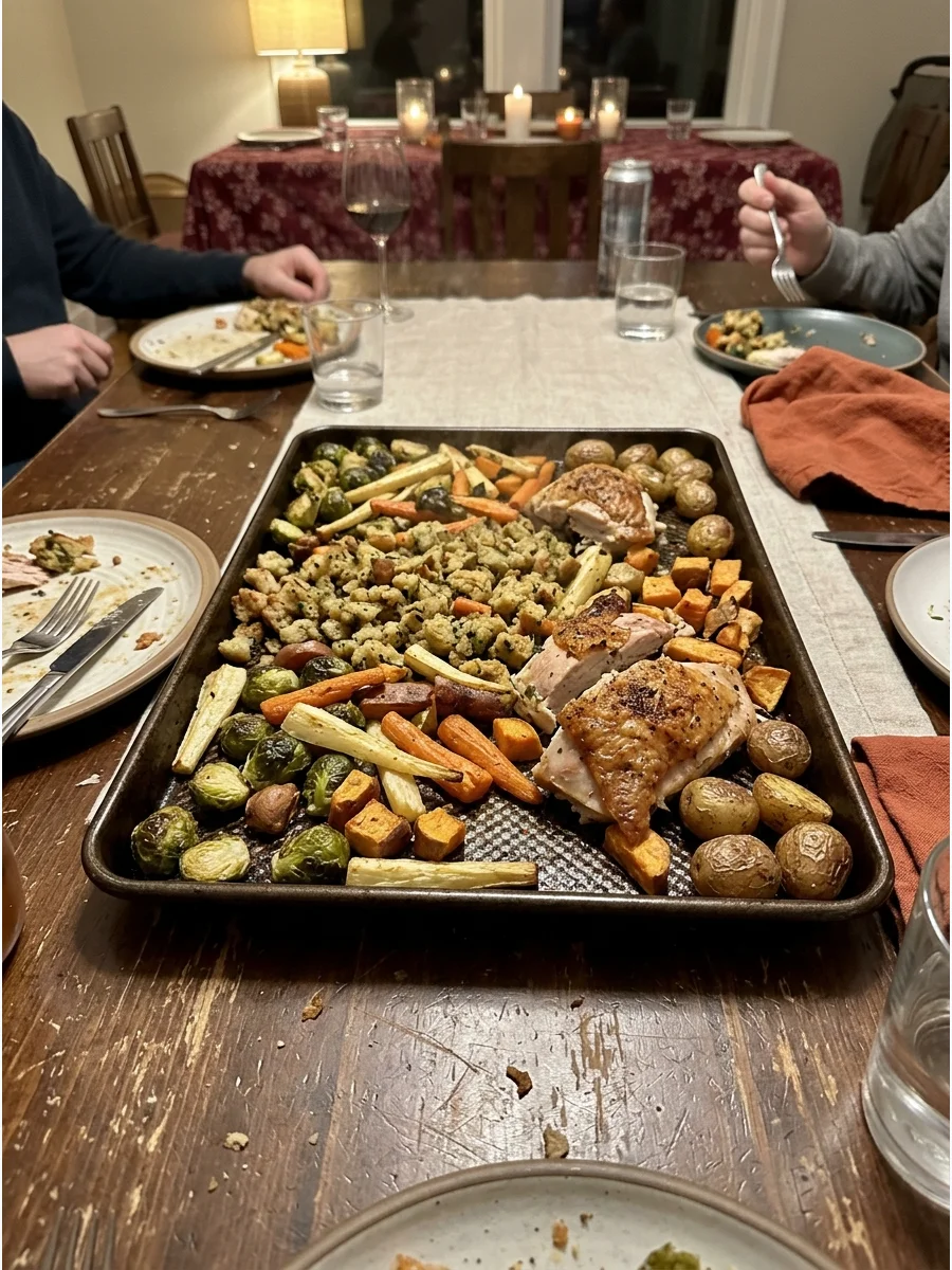 Sheet-Pan Turkey Dinner. Roast turkey breast, stuffing, vegetables, and potatoes together on one large sheet pan. It is a practical choice for a small Friendsgiving gathering. Frie