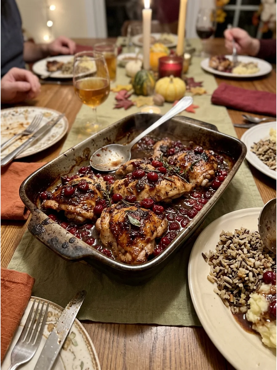 Cranberry Balsamic Chicken. Bake chicken in a tangy sauce made with cranberries, balsamic vinegar, herbs, and honey. Serve it over mashed potatoes or wild rice. Friendsgiving food