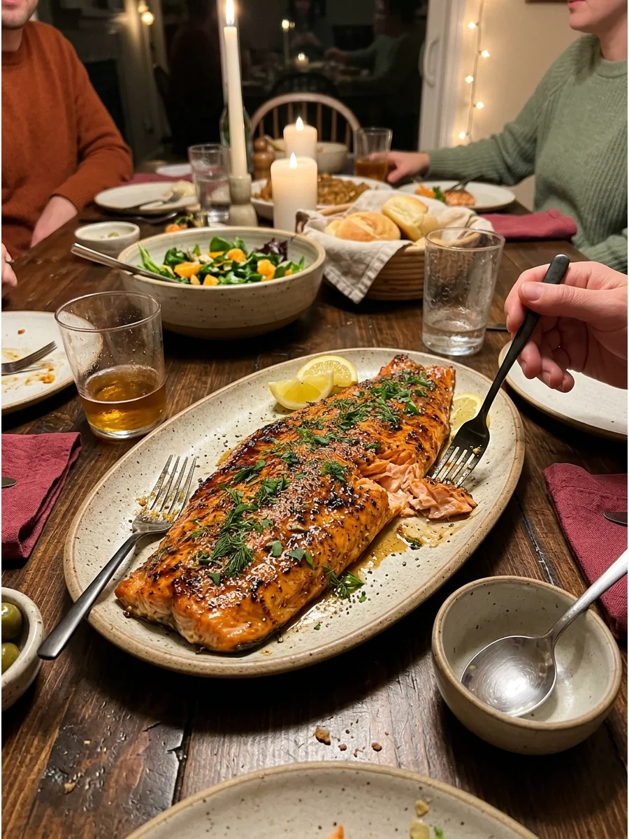 Brown Sugar Glazed Salmon. Roast a large salmon fillet with brown sugar, mustard, garlic, and herbs. It provides a lighter centerpiece that still feels special enough for Friendsgi