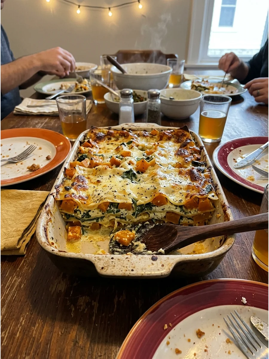 Butternut Squash Lasagna. Layer lasagna noodles with roasted butternut squash, ricotta, spinach, and creamy sauce. This comforting vegetarian dish can be assembled before the party