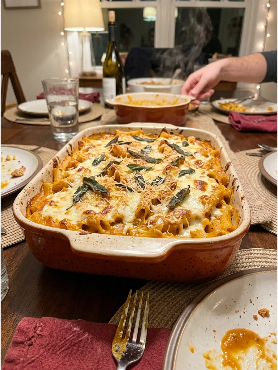 Pumpkin Baked Ziti. Combine pasta with pumpkin sauce, ricotta, mozzarella, sage, and Parmesan. Bake it until bubbling and golden for an easy meatless main dish. Friendsgiving food