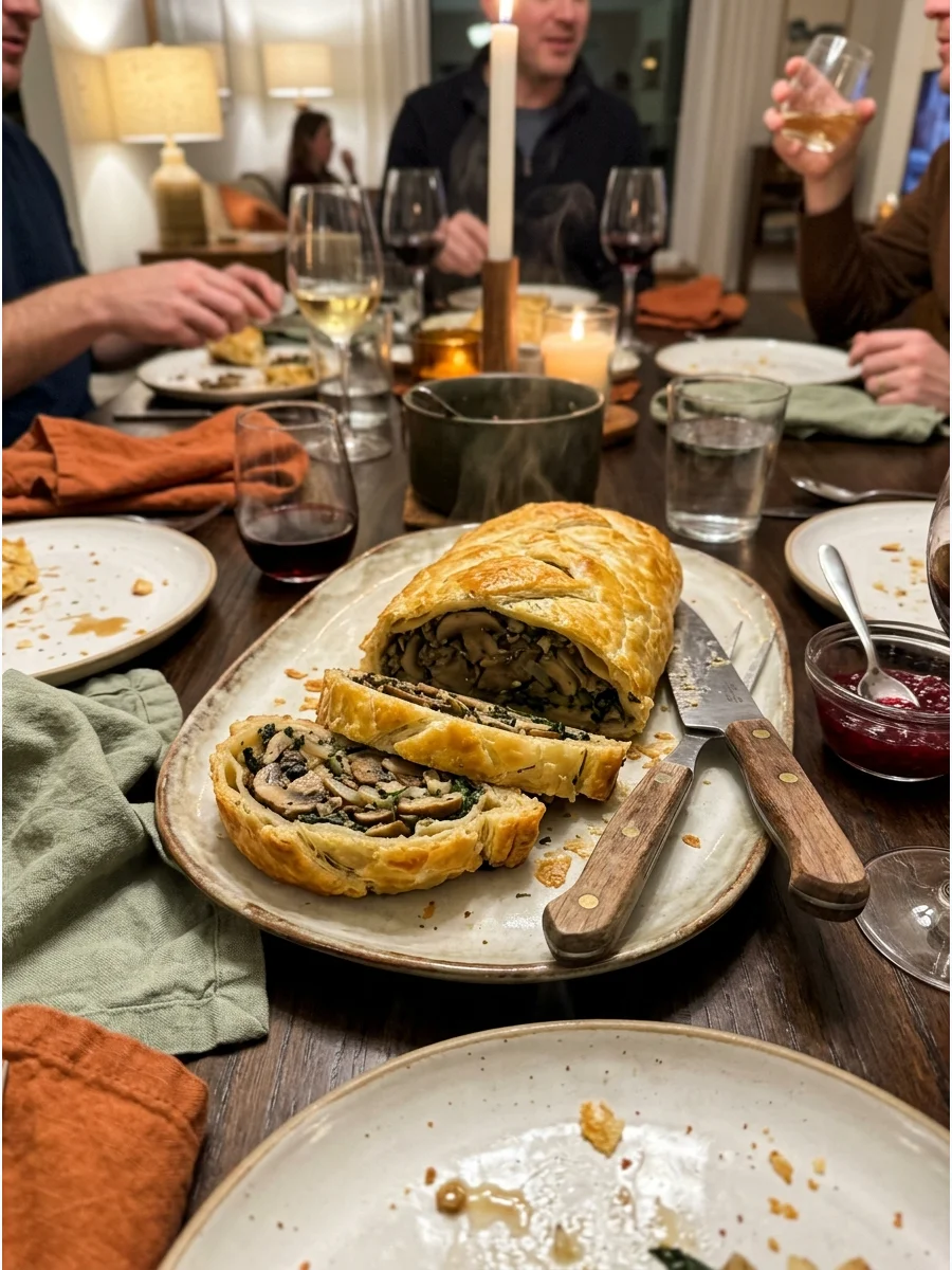Mushroom Wellington. Wrap mushrooms, onions, spinach, and herbs inside flaky puff pastry. Slice it at the table for an impressive vegetarian Friendsgiving centerpiece. Friendsgivin