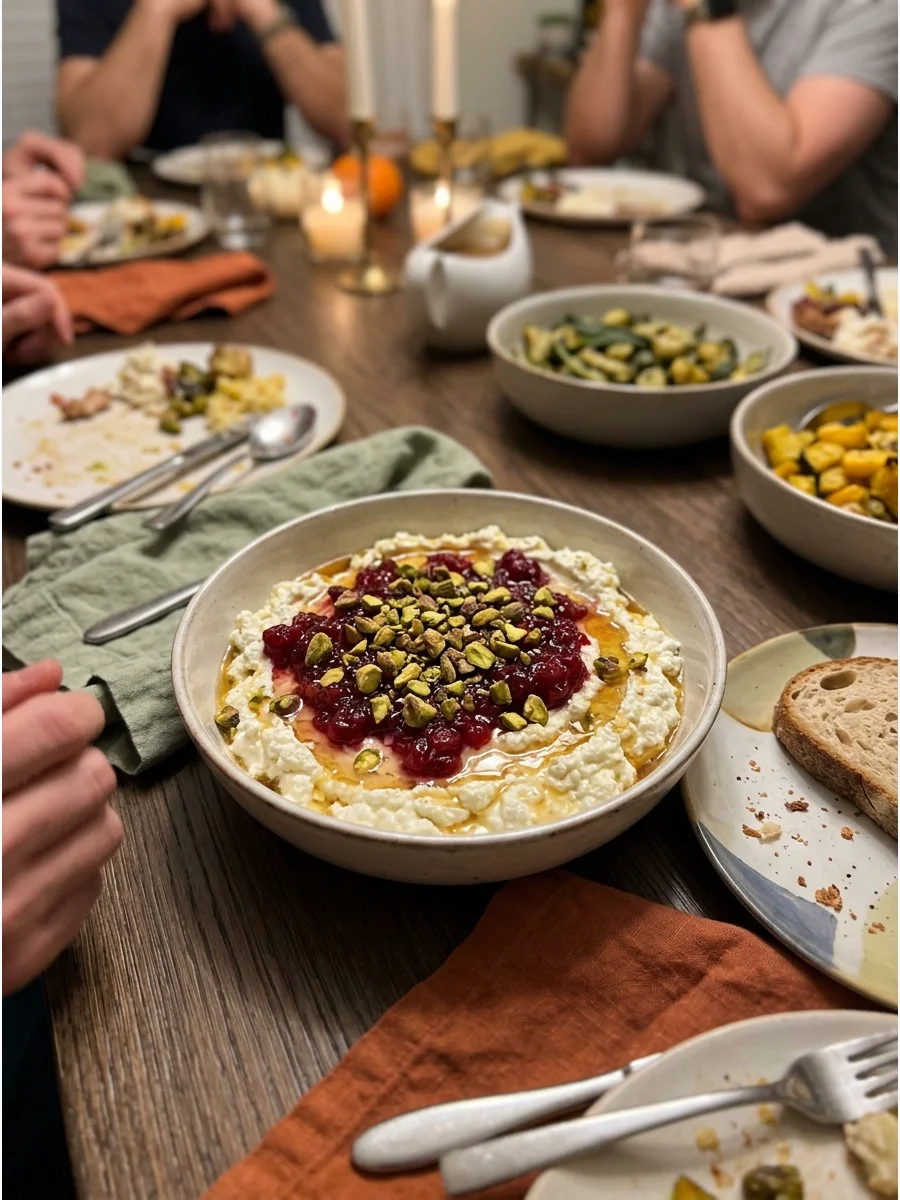 Whipped Feta with Cranberries. Blend feta with cream cheese until smooth and top it with cranberry sauce, pistachios, and honey. The red, white, and green colors make it perfect fo