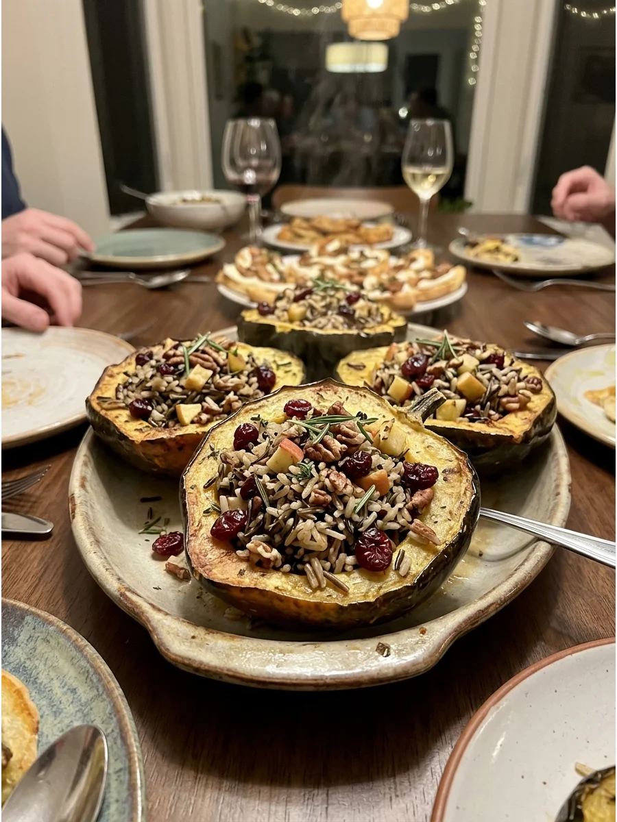 Stuffed Acorn Squash. Fill roasted acorn squash halves with wild rice, cranberries, pecans, apples, and herbs. Guests can receive individual portions, making serving simple. Friend