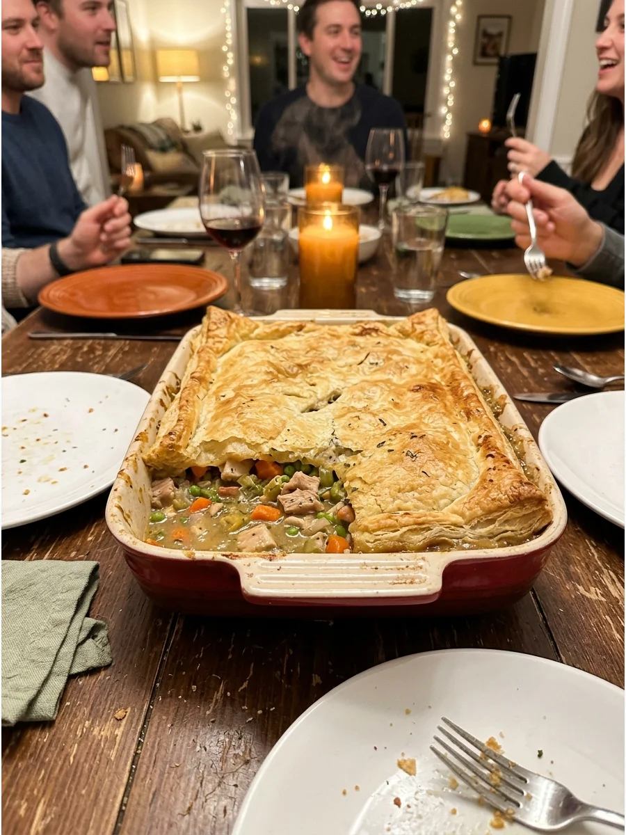 Friendsgiving Pot Pie. Fill a large baking dish with turkey or chicken, vegetables, gravy, and herbs, then cover it with puff pastry. This cozy main course is especially useful for