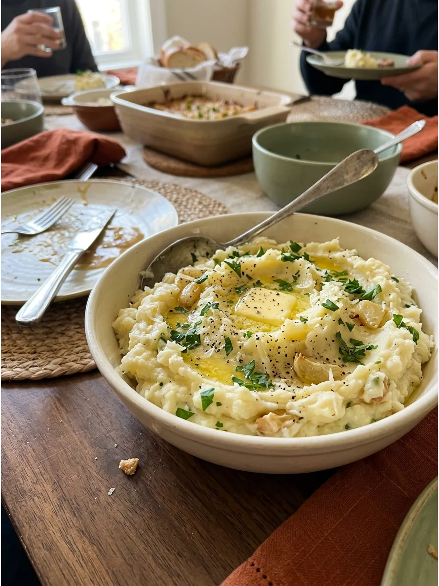 Garlic Parmesan Mashed Potatoes. Add roasted garlic and grated Parmesan to traditional mashed potatoes. Top them with melted butter, black pepper, and chopped parsley. Friendsgivin