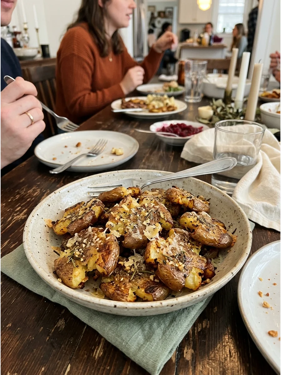 Crispy Smashed Potatoes. Boil small potatoes, flatten them gently, and roast them until crisp. Season them with garlic, herbs, and Parmesan before serving. Friendsgiving food ideas