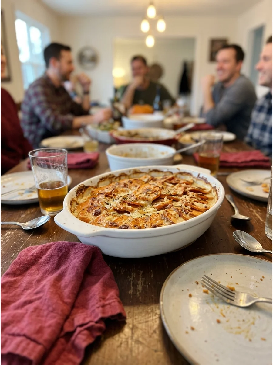 Scalloped Sweet Potatoes. Layer thinly sliced sweet potatoes with cream, garlic, herbs, and cheese. Bake until tender with a golden top. Friendsgiving food ideas
