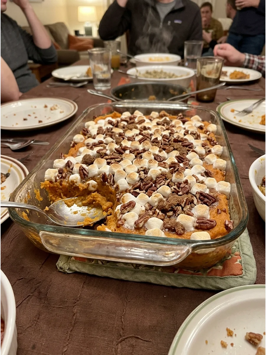 Classic Sweet Potato Casserole. Top mashed sweet potatoes with brown sugar, pecans, and miniature marshmallows. It brings traditional Thanksgiving flavor to a Friendsgiving potluck