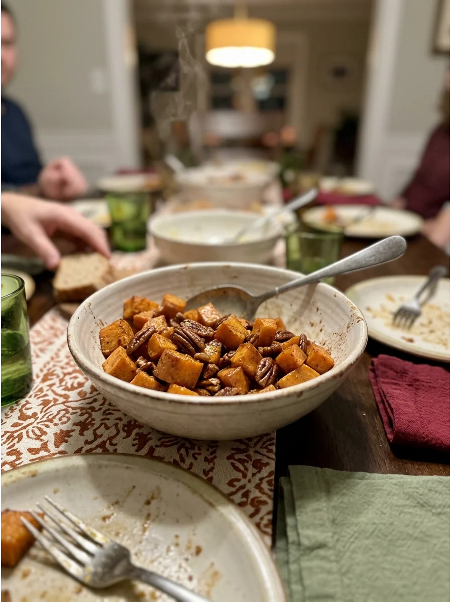 Maple Pecan Sweet Potatoes. Roast sweet potato cubes with maple syrup, cinnamon, butter, and pecans. This version is simpler to transport than a casserole. Friendsgiving food ideas