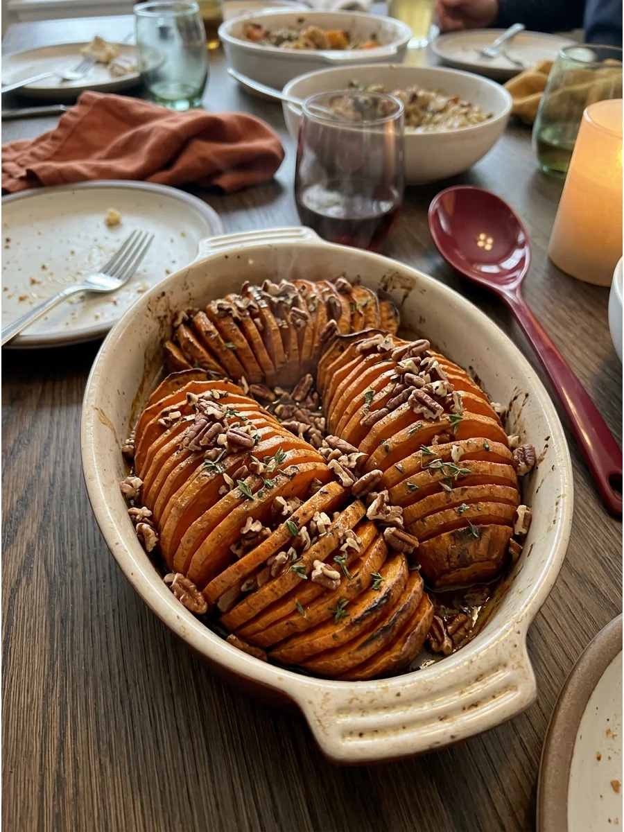 Hasselback Sweet Potatoes. Slice sweet potatoes into thin sections without cutting completely through them. Roast them with maple butter and finish with pecans or fresh herbs. Frie