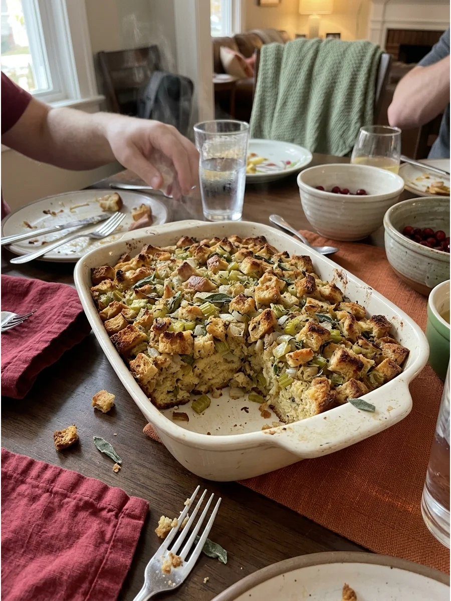 Traditional Herb Stuffing. Combine toasted bread cubes with celery, onions, broth, butter, sage, and thyme. Bake it separately so the top becomes crisp while the center remains sof