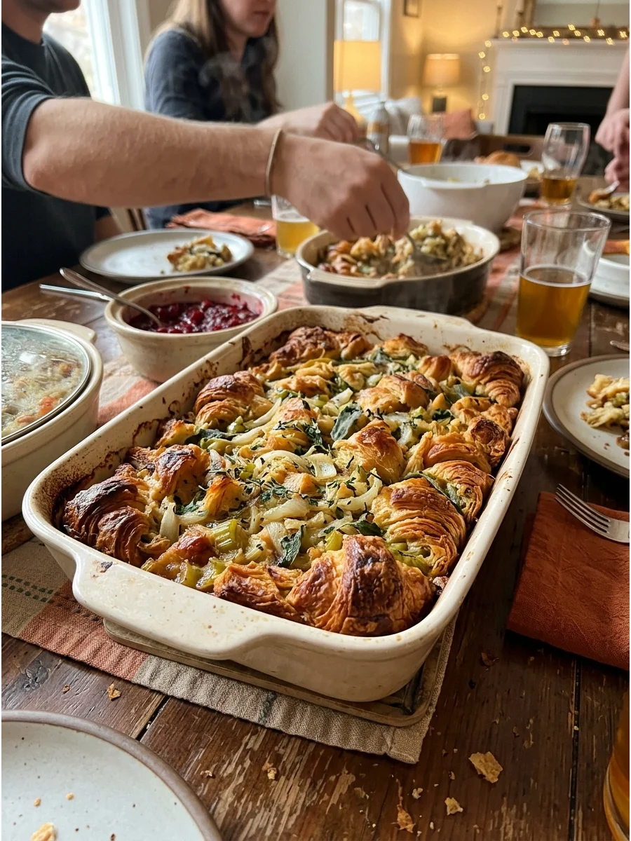 Croissant Stuffing. Replace ordinary bread with torn buttery croissants for a richer stuffing. Add onions, celery, herbs, and broth before baking. Friendsgiving food ideas