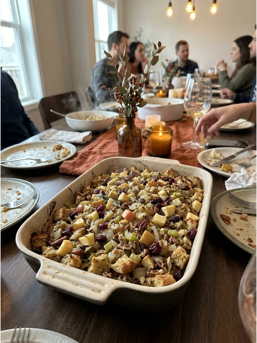 Apple Cranberry Stuffing. Add diced apples and dried cranberries to traditional herb stuffing. Pecans can provide an extra layer of texture. Friendsgiving food ideas