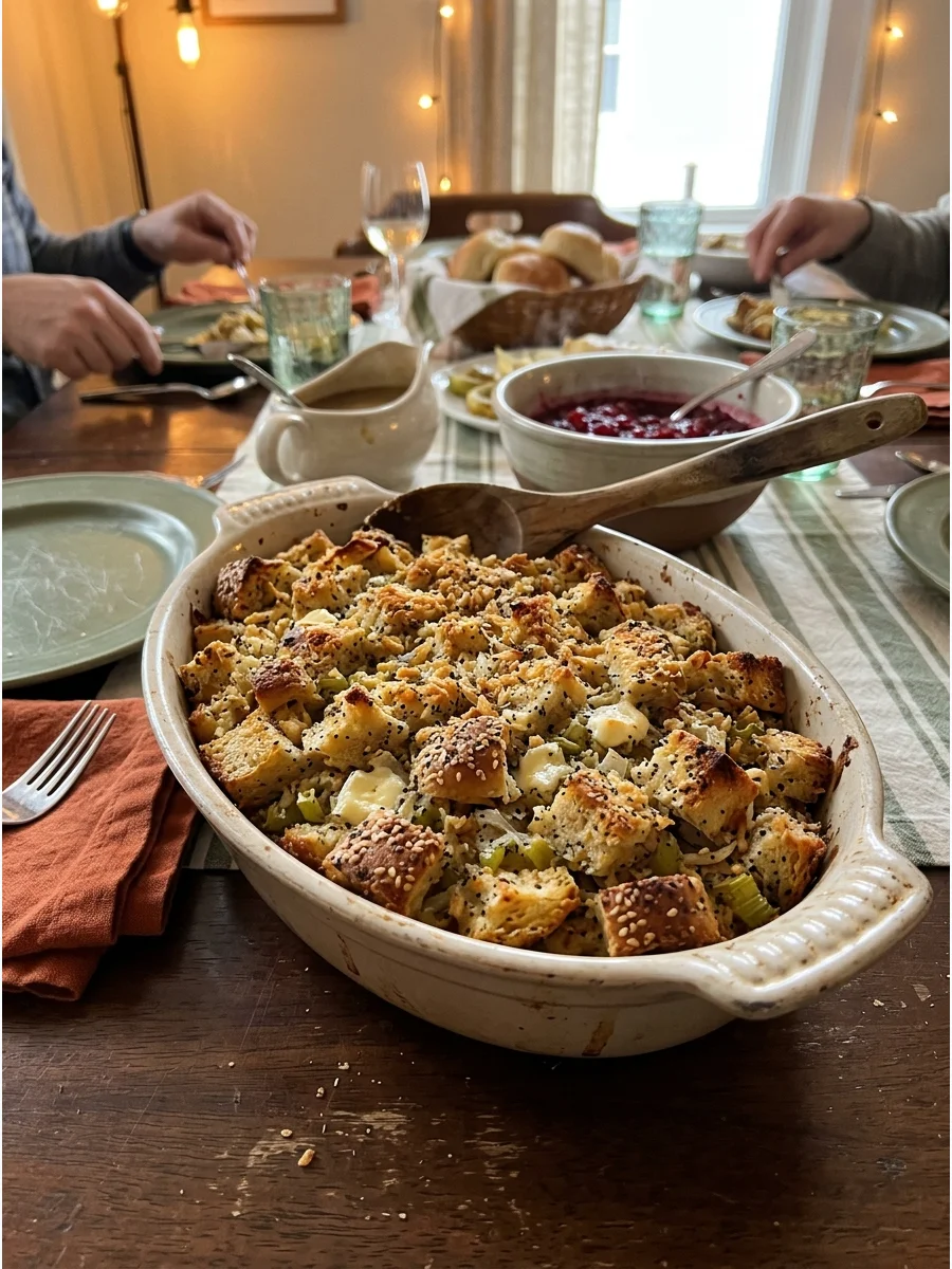 Everything Bagel Stuffing. Use cubed bagels, cream cheese, onions, celery, and everything seasoning to create a creative stuffing variation. Bake it until the top is crisp and gold
