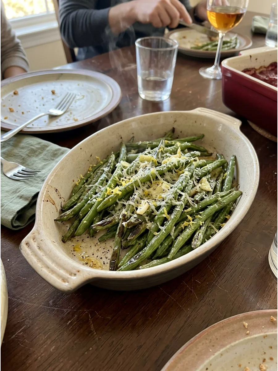 Parmesan Roasted Green Beans. Roast green beans with garlic, Parmesan, olive oil, and lemon. This lighter side dish can balance richer casseroles on the menu. Friendsgiving food id