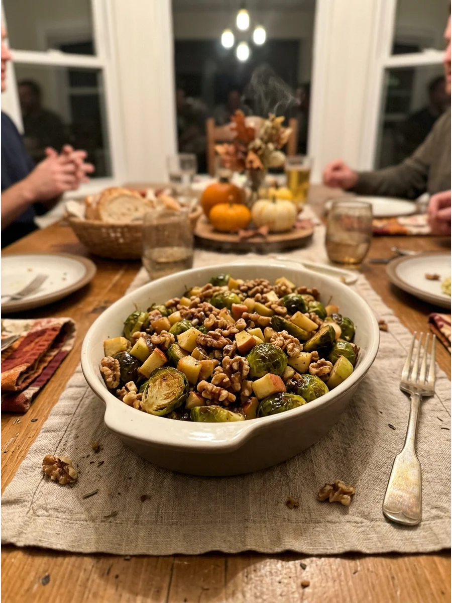 Maple Roasted Brussels Sprouts. Combine roasted Brussels sprouts with maple syrup, apples, and walnuts. A little Dijon mustard helps balance the sweetness. Friendsgiving food ideas