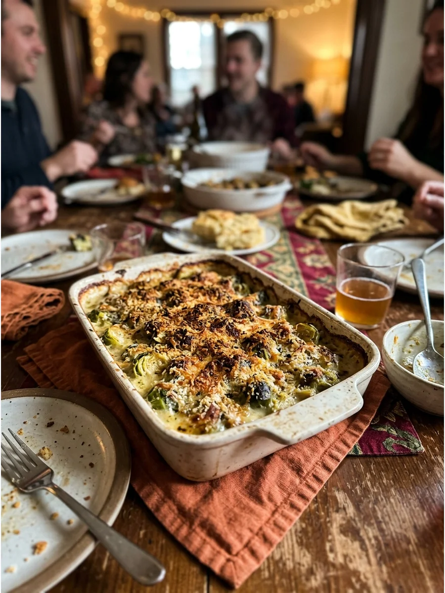 Brussels Sprouts Gratin. Bake sliced Brussels sprouts in a creamy cheese sauce with a crisp breadcrumb topping. It is an indulgent alternative to ordinary roasted vegetables. Frien