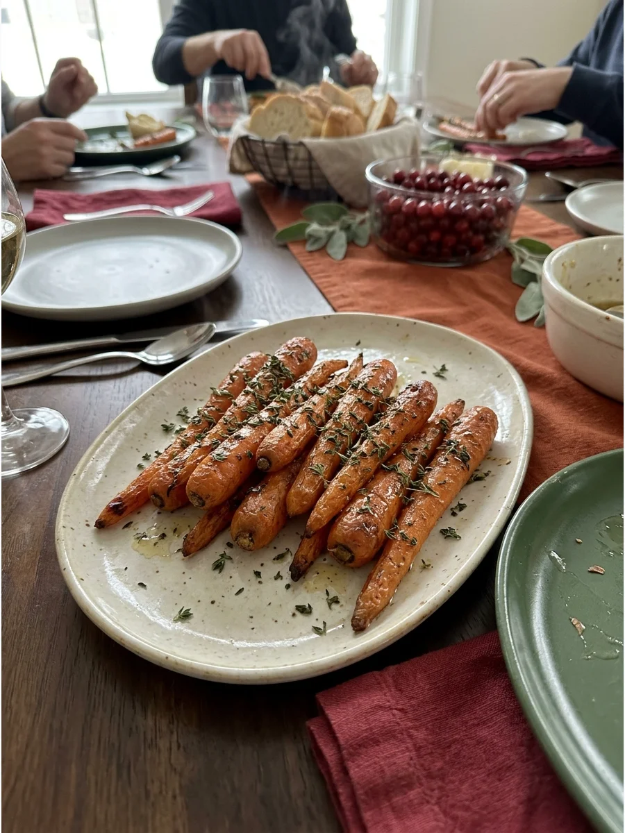 Honey Garlic Roasted Carrots. Roast whole carrots with honey, garlic, butter, and fresh thyme. Arrange them on a platter for an attractive but uncomplicated side. Friendsgiving foo