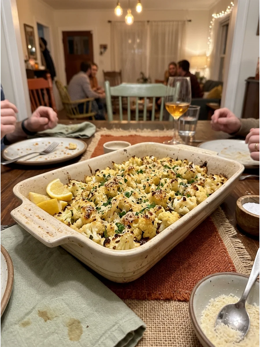 Parmesan Roasted Cauliflower. Roast cauliflower florets with garlic, Parmesan, herbs, and olive oil. Serve them hot with lemon wedges. Friendsgiving food ideas