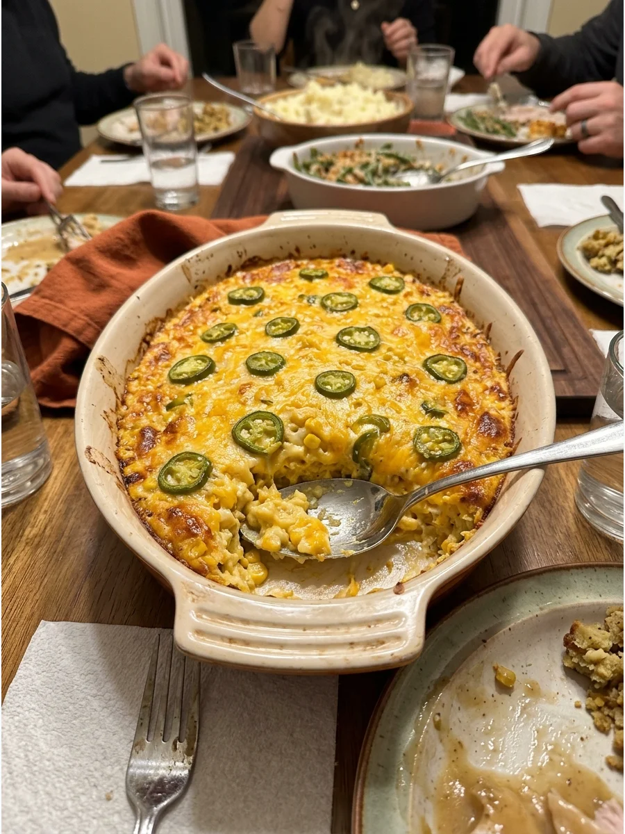 Jalapeño Cheddar Corn Casserole. Add cheddar cheese and mild jalapeños to traditional corn casserole. Guests who enjoy bolder flavors will appreciate this variation. Friendsgiving