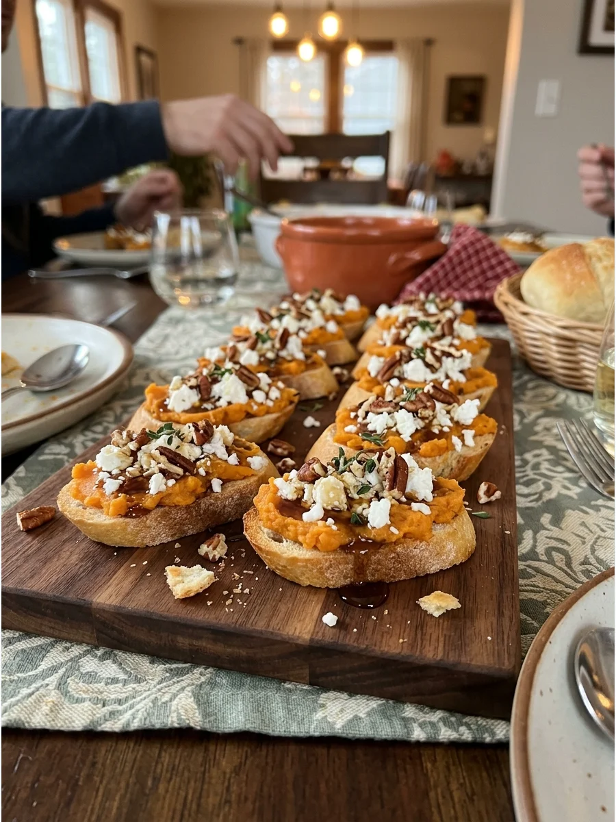 Sweet Potato Crostini. Top toasted baguette slices with mashed sweet potato, goat cheese, pecans, and maple syrup. Add a pinch of cinnamon or fresh thyme for extra flavor. Friendsg